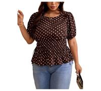 GORGLITTER Women's Polka Dots Ruffle Peplum Blouses Plus Size Puff Short Sleeve Crewneck Tie Side Shirts Elegant Summer Tops Brown 3X-Large Plus