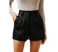 GORGLITTER Women's PU Leather Pleated Mini Shorts High Waisted Wide Leg Dressy Shorts with Pocket Black X-Large