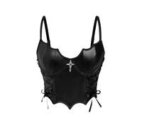 GORGLITTER Women's PU Leather Underwire Bras Asymmetrical Lace Up Corset Bras Goth Punk Crop Tops Black Leather X-Small