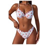 GORGLITTER Women's Push Up Underwire Swimwear Cherry Print 2 Piece Cute Bikini Set Contrast Binding Beach Swimsuits Red and White Medium