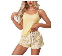 GORGLITTER Women's Pyjama Sets Heart Graphic Lettuce Cami Tops and Shorts Pjs Set 2 Piece Loungewear Yellow Medium