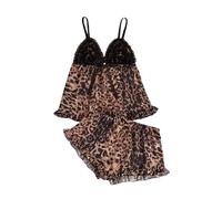 GORGLITTER Women's Pyjama Sets Leopard Print Mesh Sleeveless Pjs bow Cami Top Shorts 2 Piece Lounge Wear Sleepwear Brown Medium