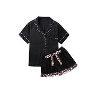 GORGLITTER Women's Pyjama Sets Short Sleeve Button Down Pj Set Leopard Print Contrast Color Top Shorts 2 Piece Sleepwear Black Small