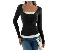 GORGLITTER Women's Rib Knit Contrast Lace Scoop Neck T Shirts Colorblock Long Sleeve Button Front 2 in 1 Fitted Tops Black Medium