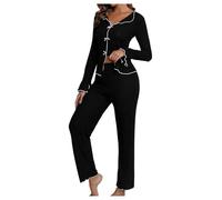 GORGLITTER Women's Rib Knit Pyjama Sets Bow Contrast Trim V Neck Long Sleeve Top Pyjama Bottoms Pj Sets 2 Piece Lounge Wear Sets Black Small
