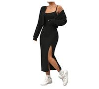 GORGLITTER Women's Ribbed Knit Dress Outfits 2 Piece Sleeveless Bodycon Midi Dress and Long Sleeve Cardigan Knitted Set Black S