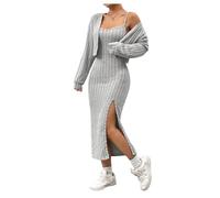 GORGLITTER Women's Ribbed Knit Dress Outfits 2 Piece Sleeveless Bodycon Midi Dress and Long Sleeve Cardigan Knitted Set Grey Medium