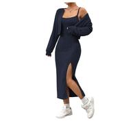 GORGLITTER Women's Ribbed Knit Dress Outfits 2 Piece Sleeveless Bodycon Midi Dress and Long Sleeve Cardigan Knitted Set Dark Blue Large