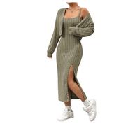 GORGLITTER Women's Ribbed Knit Dress Outfits 2 Piece Sleeveless Bodycon Midi Dress and Long Sleeve Cardigan Knitted Set Army Green L