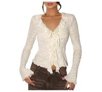 GORGLITTER Women's Romantic Lace Ruffle Trim Shirts Tie Front Deep V Neck Bell Long Sleeve Fitted Tee Tops Date Night Party Outfits Apricot Large