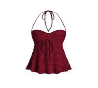 GORGLITTER Women's Ruched Flared Sleeveless Halter Tie Tops Frill Trim Drawstring Bow Front Skinny Party Tunic Tops Burgundy Large