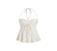 GORGLITTER Women's Ruched Flared Sleeveless Halter Tie Tops Frill Trim Drawstring Bow Front Skinny Party Tunic Tops Apricot Large