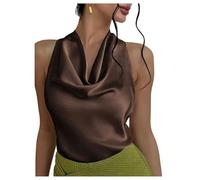 GORGLITTER Women's Satin Draped Halter Neck Top Tie Back Cowl Neck Elegant Summer Going Out Tops for Women UK Coffee Brown Medium