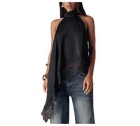 GORGLITTER Women's Satin Halter Neck Top Asymmetrical Hem Contrast Lace Sleeveless Open Back Flowy Sexy Night Out Tops Shirt Black L