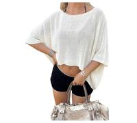 GORGLITTER Women's Scoop Neck Poncho Cape Top Asymmetrical Oversized Crop Tee Shirts Summer Beach Outfit White Large