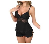 GORGLITTER Womens Short Pyjama Set Lace Sheer Cut Out Adjustable Straps Cami Tops and Mini Shorts 2 Piece Lounge Wear Lingerie Sets Nightwear Black Medium