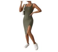 GORGLITTER Women's Square Neck Ribbed Pencil Short Dress Bodycon Side Slit Sleeveless Party Midi Tank Dresses Army Green Petite XS