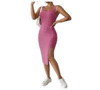GORGLITTER Women's Square Neck Ribbed Pencil Short Dress Bodycon Side Slit Sleeveless Party Midi Tank Dresses Hot Pink Petite L