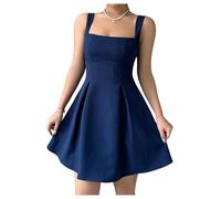 GORGLITTER Women's Square Neck Swing Short Tank Sundress A Line High Waist Sleeveless Elegant Dress Dark Blue Large