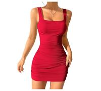 GORGLITTER Women's Square Neck Tank Bodycon Mini Dress Ruched Sleeveless Rib Knit Short Pencil Slimming Dress for Teenager Rose Red S