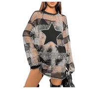 GORGLITTER Women's Star Striped Sheer Mesh Mini Tunic Dress Long Sleeve Crewneck Loose Y2k Grunge Tshirt Dresses Black Small