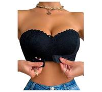 GORGLITTER Women's Strapless Push Up Front Fastening Bra No Underwire Wireless Scalloped Sexy Lace Bras Black 36A