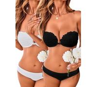 GORGLITTER Women's Strapless Push Up Front Fastening Bra Underwire High Support Scalloped Cross Back Lace Bras Pack of 2 Black and White 34A