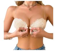 GORGLITTER Women's Strapless Push Up Front Fastening Bra Underwire High Support Scalloped Cross Back Lace Bras Beige 32A