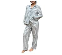 GORGLITTER Women's Striped Bow Print Pyjama Sets Long Sleeve Button Down Top and Pants Pjs 2 Piece Loungewear Blue Small
