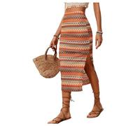 GORGLITTER Women's Striped Geo Print Bodycon Midi Skirts High Waisted Split Thigh Boho Vacation Skirt Orange Large