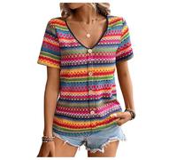 GORGLITTER Women's Striped Geo Print V Neck Tops Short Sleeve Button Front T Shirts Boho Vacation Top Hot Pink Small