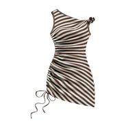 GORGLITTER Women's Striped Knit One Off Shoulder Dresses Asymmetrical Drawstring Ruched Bodycon Mini Sundress Brown Large