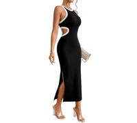 GORGLITTER Women's Summer Cut Out Waist Bodycon Long Dress Slit Side Party Club Tank Dresses Black Petite XXS