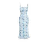 GORGLITTER Women's Summer Floral Ruched Bodycon Midi Dress Sleeveless Mesh Long Cami Cute Dresses Light Blue L