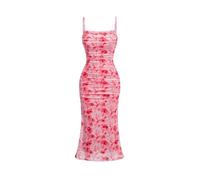 GORGLITTER Women's Summer Floral Ruched Bodycon Midi Dress Sleeveless Mesh Long Cami Cute Dresses Red S