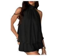 GORGLITTER Women's Summer Halter Tie Mini Dress Open Back Flared Ruffle Sundress Chiffon Sexy Night Out Dresses Black Large