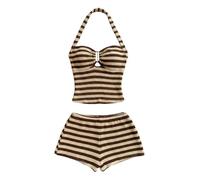 GORGLITTER Womens Summer Shorts Co Ord Sets Striped Knit Halter Neck Top Low Waist Mini Shorts 2 Piece Travel Outfits Lounge Wear