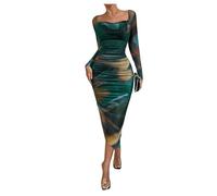 GORGLITTER Women's Tie Dye Cowl Neck Long Sleeve Dresses Asymmetrical Ruched Bodycon Midi Cocktail Dress Green Medium