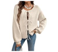 GORGLITTER Women's Tie Front Cardigan Bow Knot Long Sleeve Crewneck Cozy Jumper Sweaters Loose Fit Winter Top, XS-L Apricot M