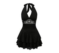 GORGLITTER Women's Tiered Ruffle Mini Halter Tie Dress Embroidery Layered Hem A Line Swing Party Dresses Black X-Large