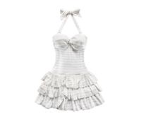 GORGLITTER Women's Tiered Ruffle Mini Halter Tie Dress Twist Front A Line Layered Hem Sundress Party Club Outfits White X-Small