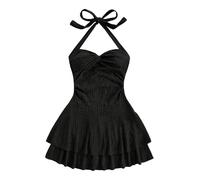 GORGLITTER Women's Tiered Ruffle Mini Halter Tie Dresses Twist Front Double Layer Hem A Line Sexy Sundress Black X-Small