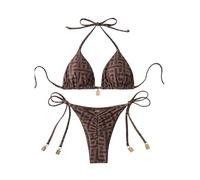 GORGLITTER Women's Triangle Swimsuits Halter Tie Knot Side Bottom Geo Print 2 Piece Sexy Bikini Set Swimwear Coffee Brown Large