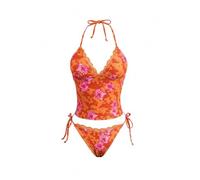 GORGLITTER Women's Tropical Floral Lace Trim Tankini Sets Halter String Tie Side Thong Tankinis 2 Piece Beach Swimsuits Orange Large