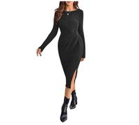 GORGLITTER Women's Twist Front Split Thigh Pencil Midi Dresses Long Sleeve Crewneck Ruched Going Out Dress Black X-Large