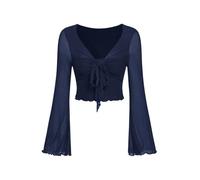 GORGLITTER Women's V Neck Mesh Bell Long Sleeve Tops Bow Tie Knot Ruched Slim Fit Cropped T Shirts Dark Blue Large