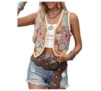 GORGLITTER Women's Western Cowgirl Crop Open Front Vest Jackets Vintage Asymmetrical Summer Holiday Going Out Boho Jacket