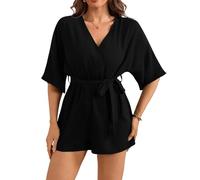GORGLITTER Women's Wide Leg Short Jumpsuit Wrap V Neck Half Sleeve Belted Shorts Jumpsuits Beach Summer Romper Vacation Outfits Black Large