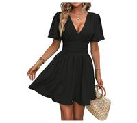 GORGLITTER Women's Wrap Deep V Neck Flare Flowy Dress Ruffle Short Sleeve Ruched A Line Mini Holiday Dresses Black Small