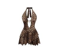 GORGLITTER Women's Y2k Leopard Print Dresses Deep V Halter Neck Cross A Line Tiered Ruffle Sexy Mini Dress